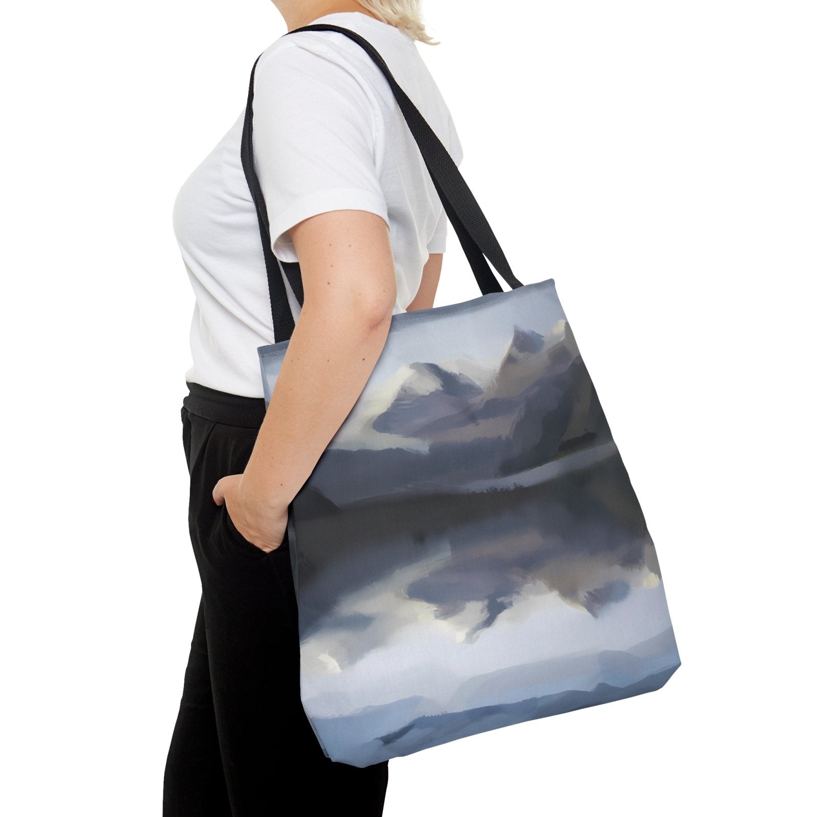 Peaceful Mountains Tote Bag, mountain inspired fashion, mountain painting tote - Subtle Blue M