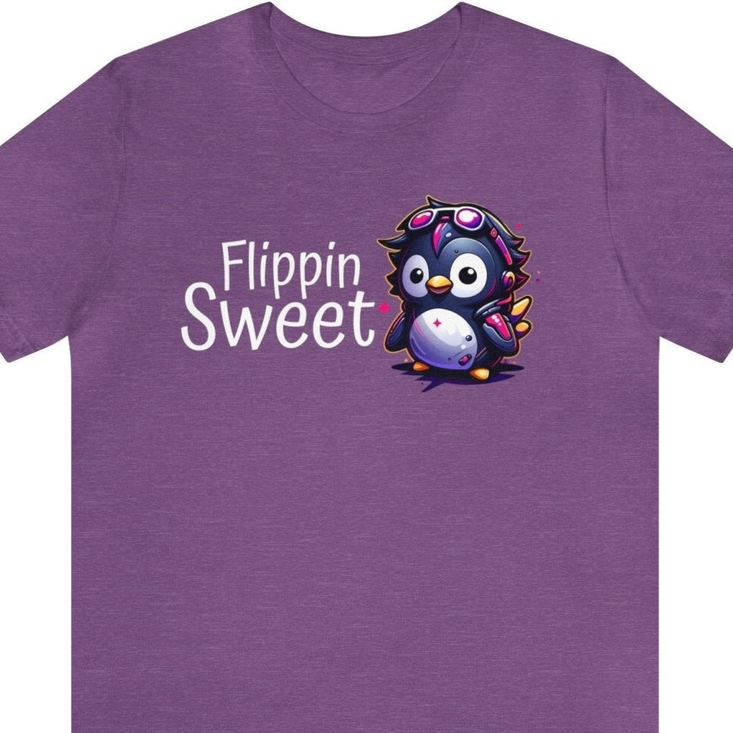 Penguin - Flippin' Sweet Unisex Short Sleeve Tee, penguin fashion, funny penguin apparel, Heather Team Purple - Subtle Blue M