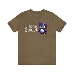 Penguin - Flippin' Sweet Unisex Short Sleeve Tee, penguin fashion, funny penguin apparel, Heather Olive - Subtle Blue M