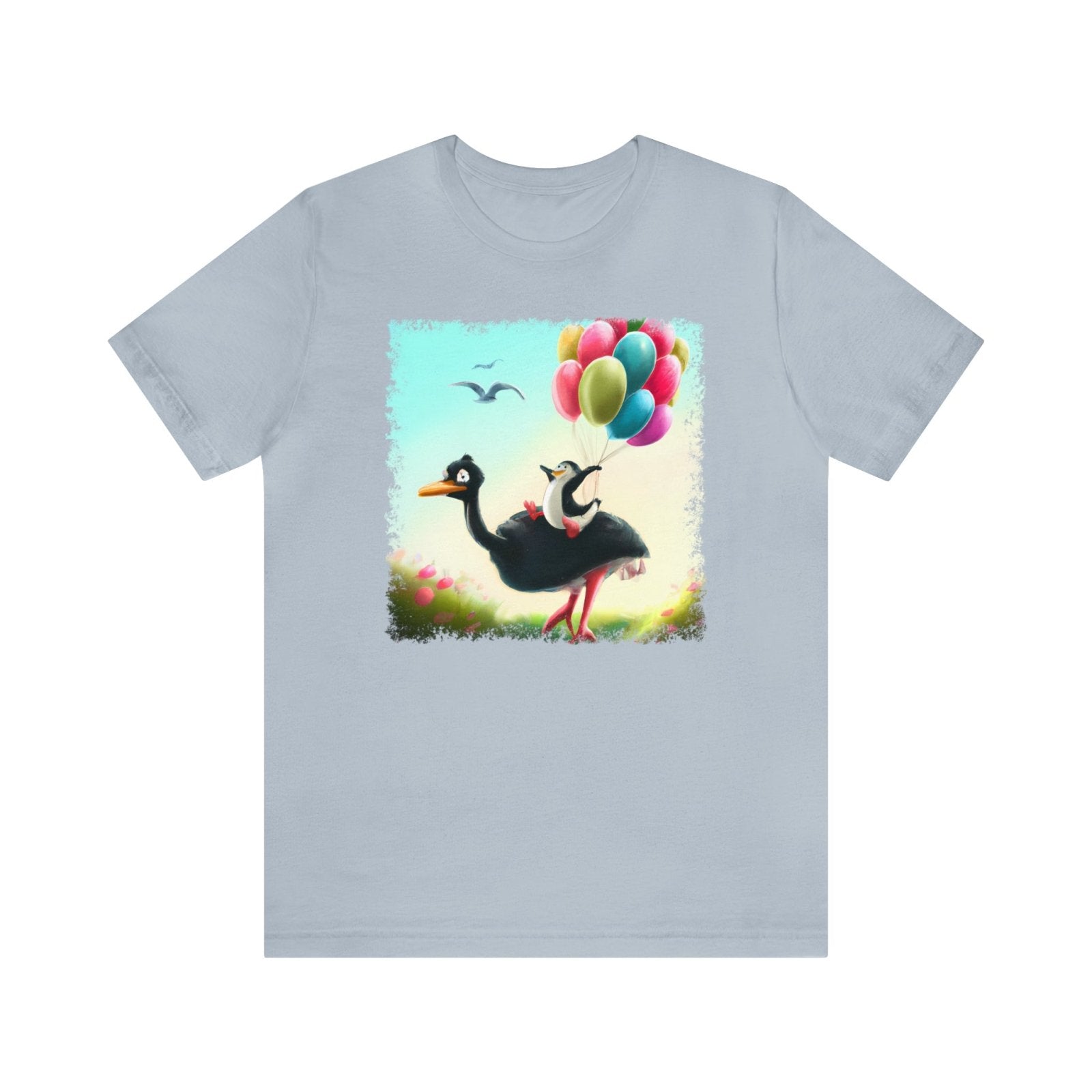 Ostrich Elevations Unisex T-Shirt, flying penguin shirt, flying ostrich apparel, penguin humor, Light Blue - Subtle Blue M