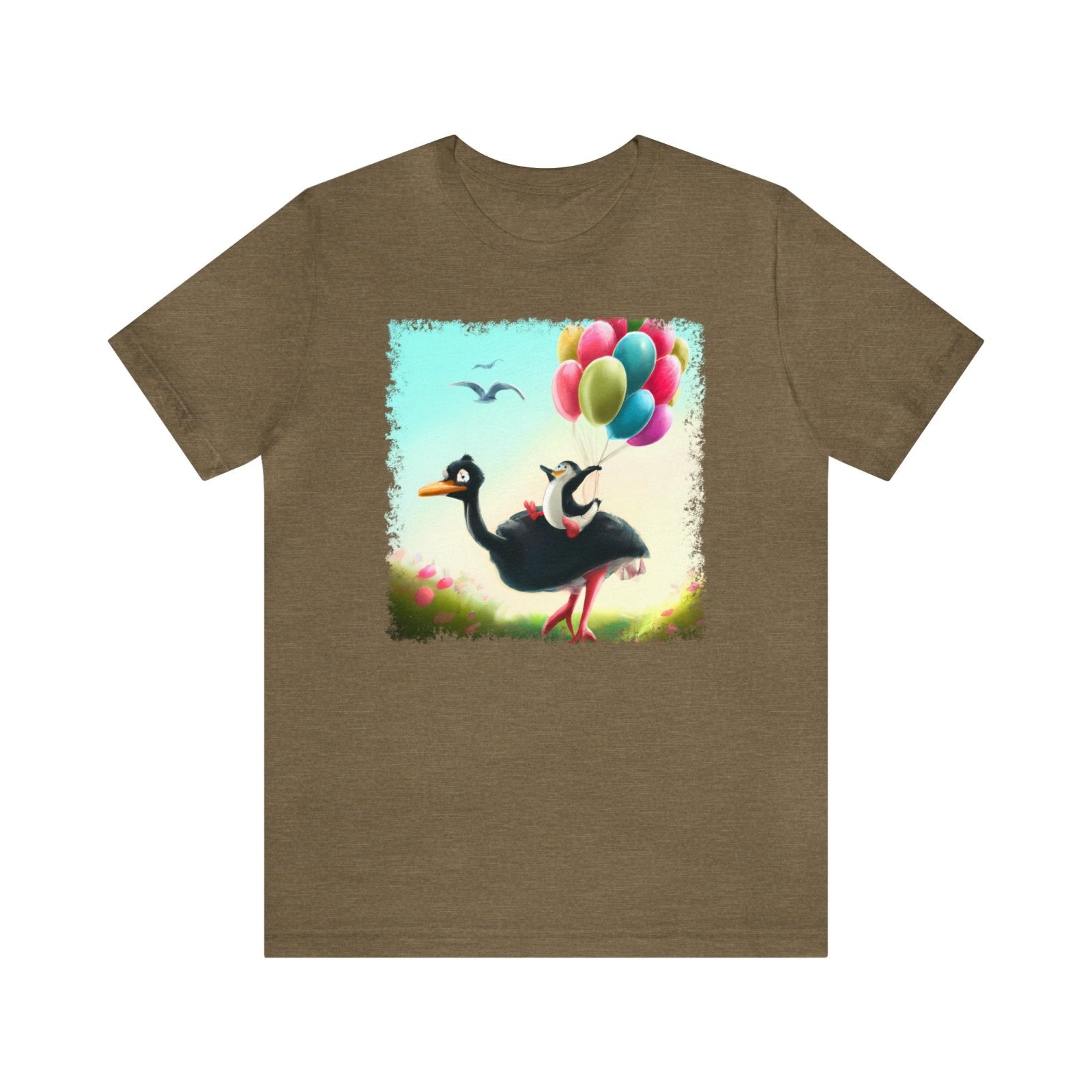 Ostrich Elevations Unisex T-Shirt, flying penguin shirt, flying ostrich apparel, penguin humor, Heather Olive - Subtle Blue M