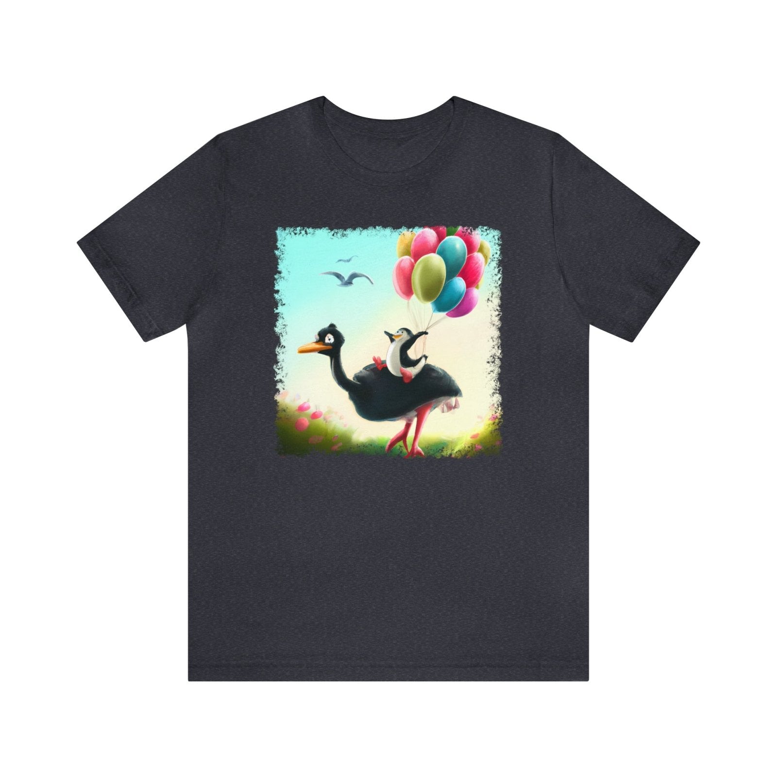 Ostrich Elevations Unisex T-Shirt, flying penguin shirt, flying ostrich apparel, penguin humor, Heather Navy - Subtle Blue M