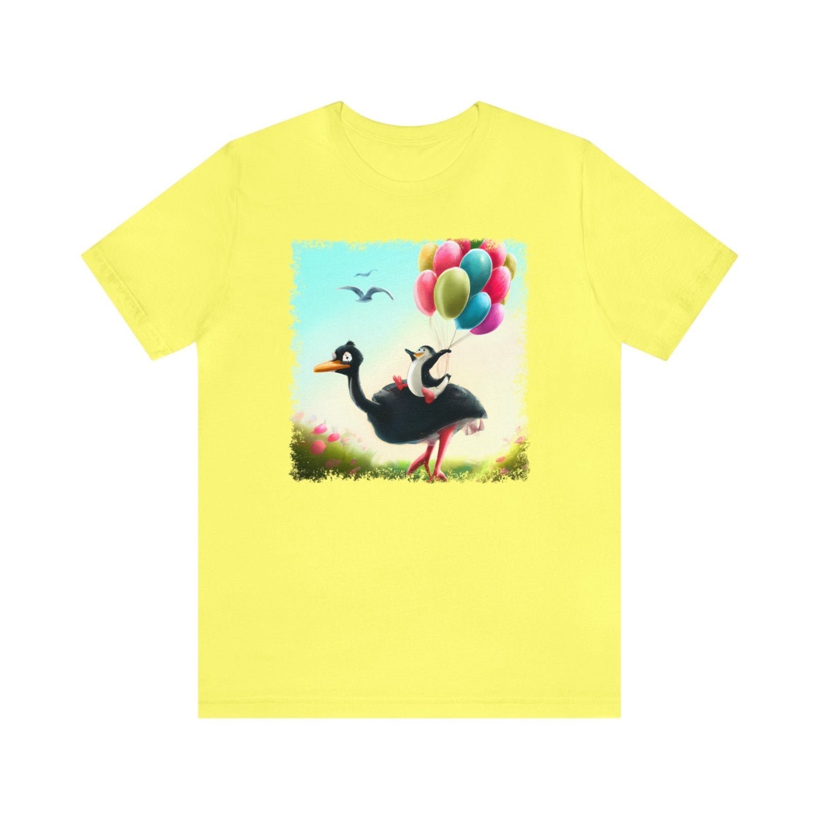Ostrich Elevations Unisex T-Shirt, flying penguin shirt, flying ostrich apparel, penguin humor, Yellow - Subtle Blue M