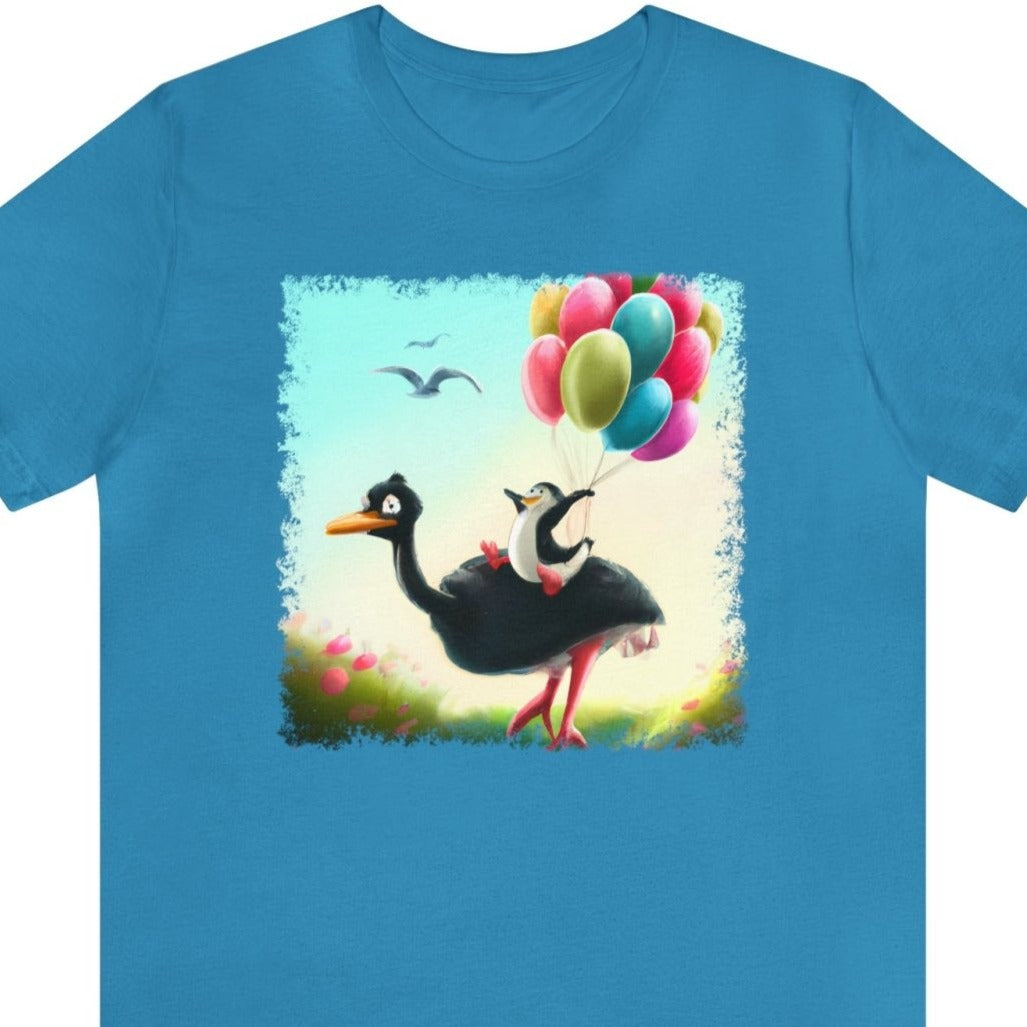 Ostrich Elevations Unisex T-Shirt, flying penguin shirt, flying ostrich apparel, penguin humor, Aqua - Subtle Blue M