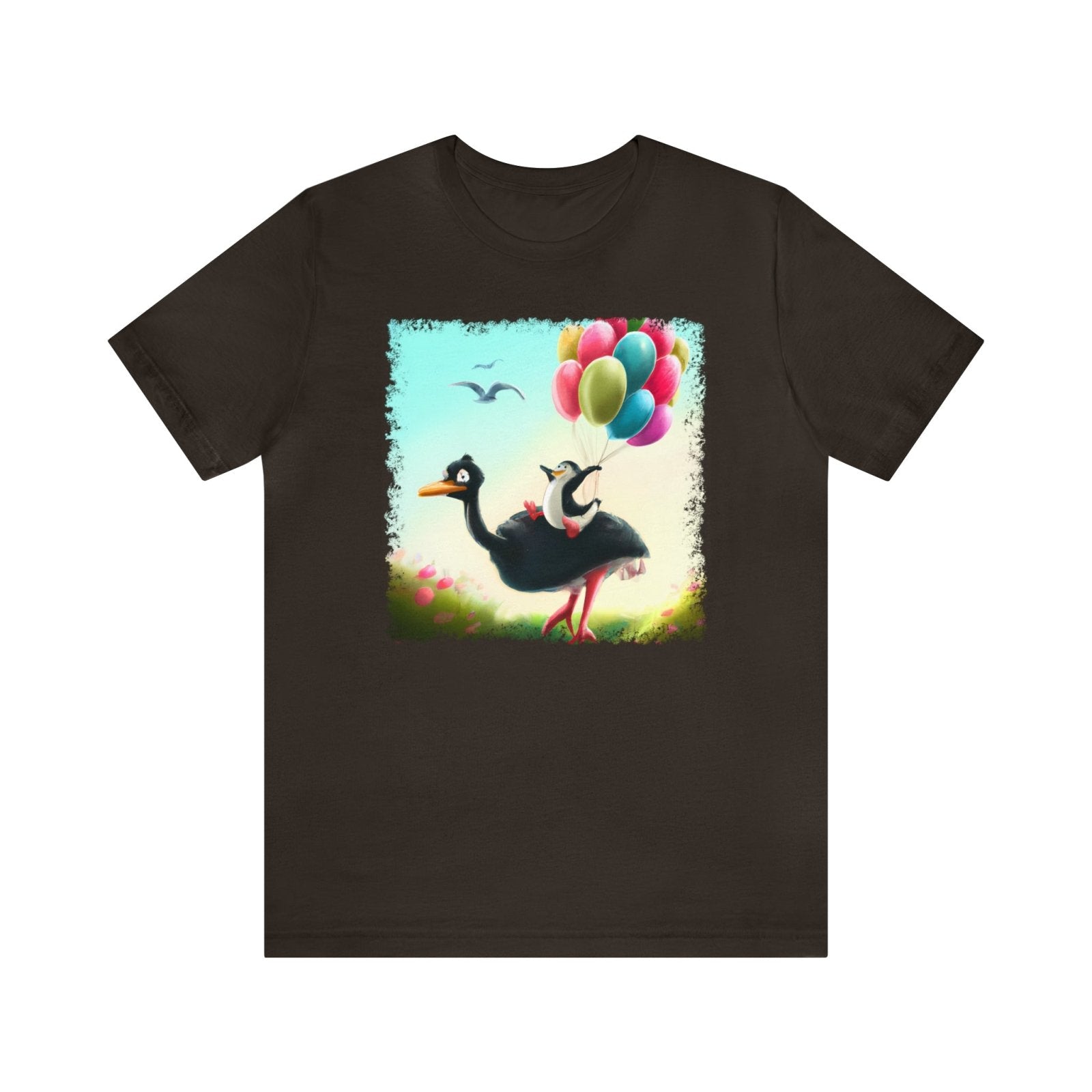 Ostrich Elevations Unisex T-Shirt, flying penguin shirt, flying ostrich apparel, penguin humor, Brown - Subtle Blue M