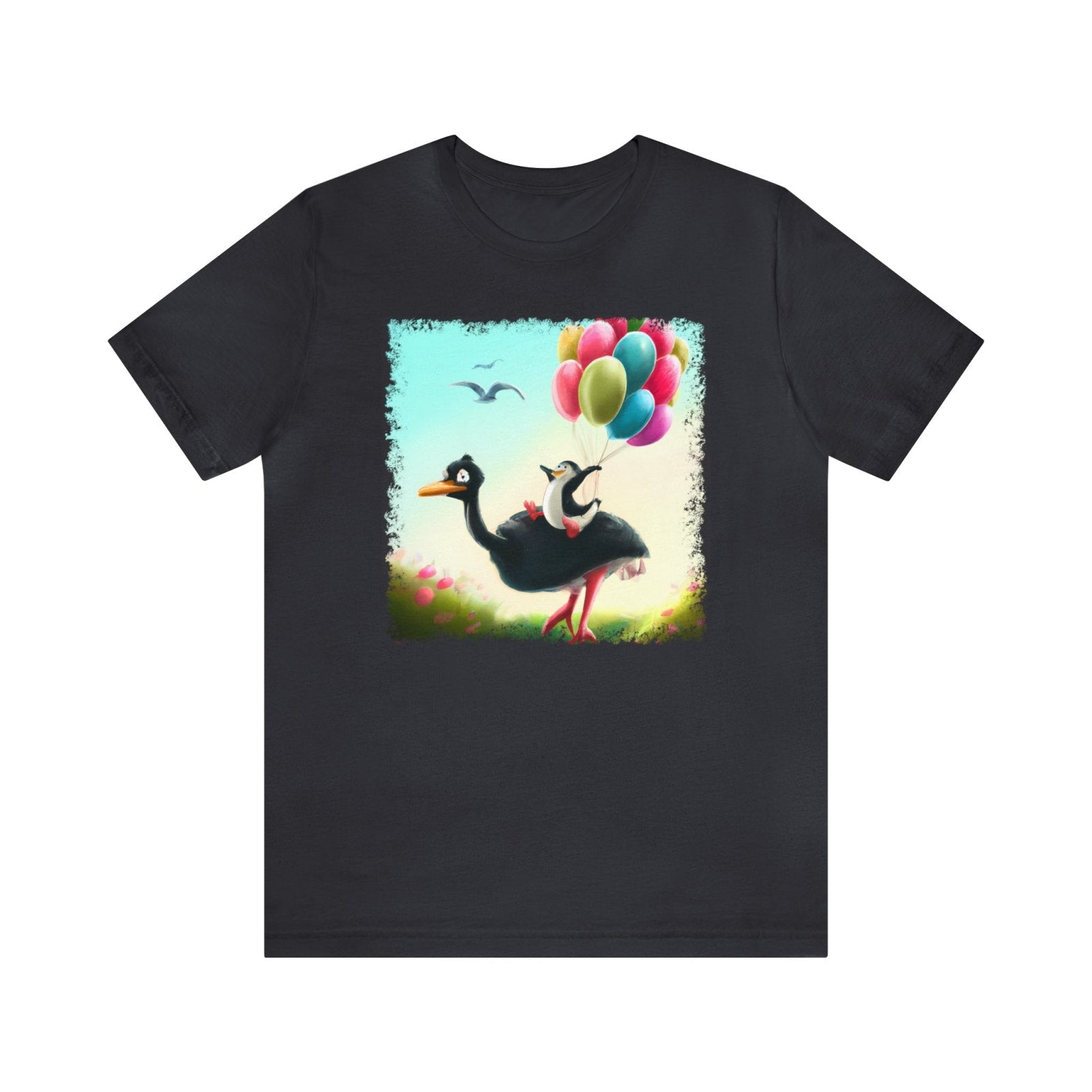 Ostrich Elevations Unisex T-Shirt, flying penguin shirt, flying ostrich apparel, penguin humor, Dark Grey - Subtle Blue M