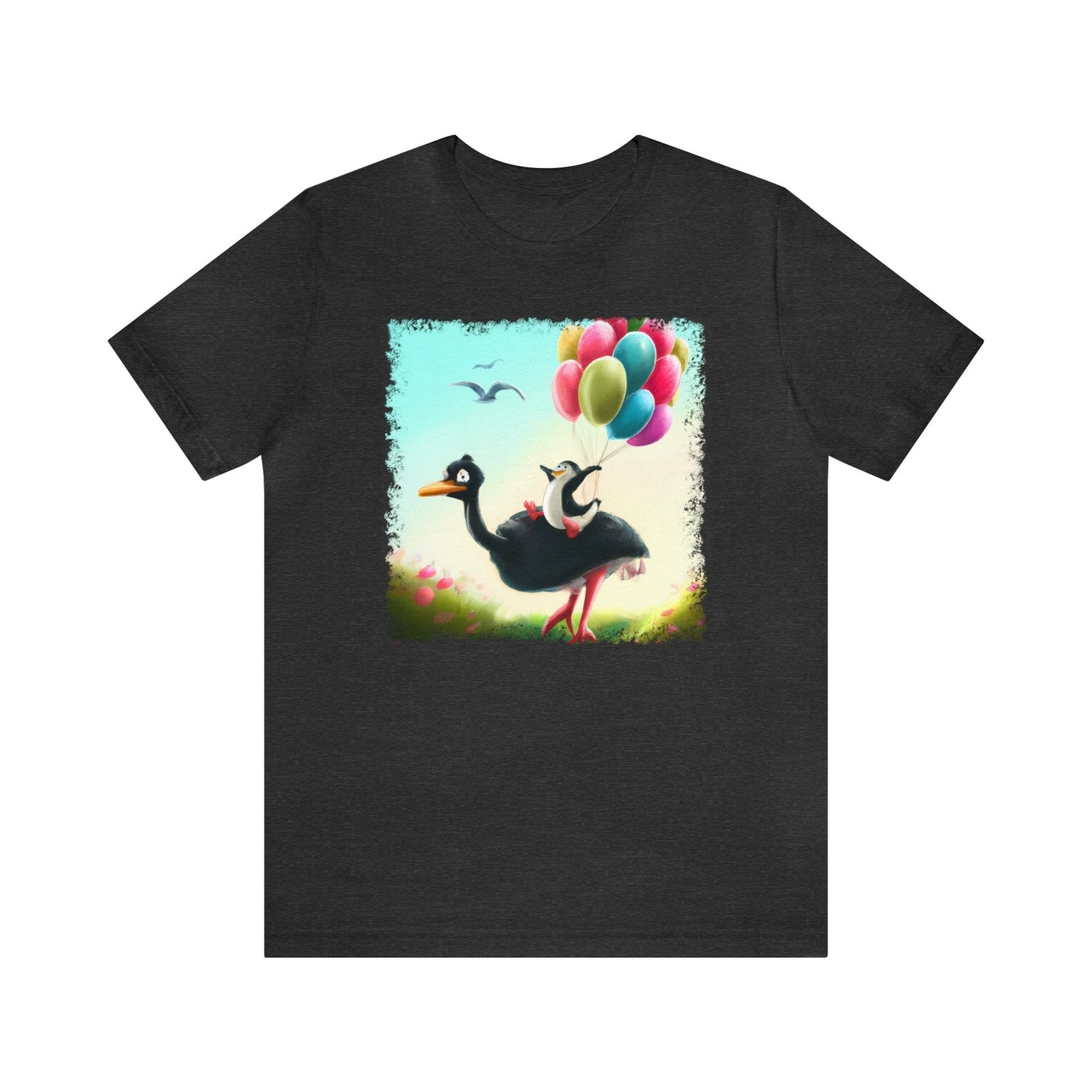 Ostrich Elevations Unisex T-Shirt, flying penguin shirt, ostrich apparel, penguin humor, Dark Grey Heather - Subtle Blue M