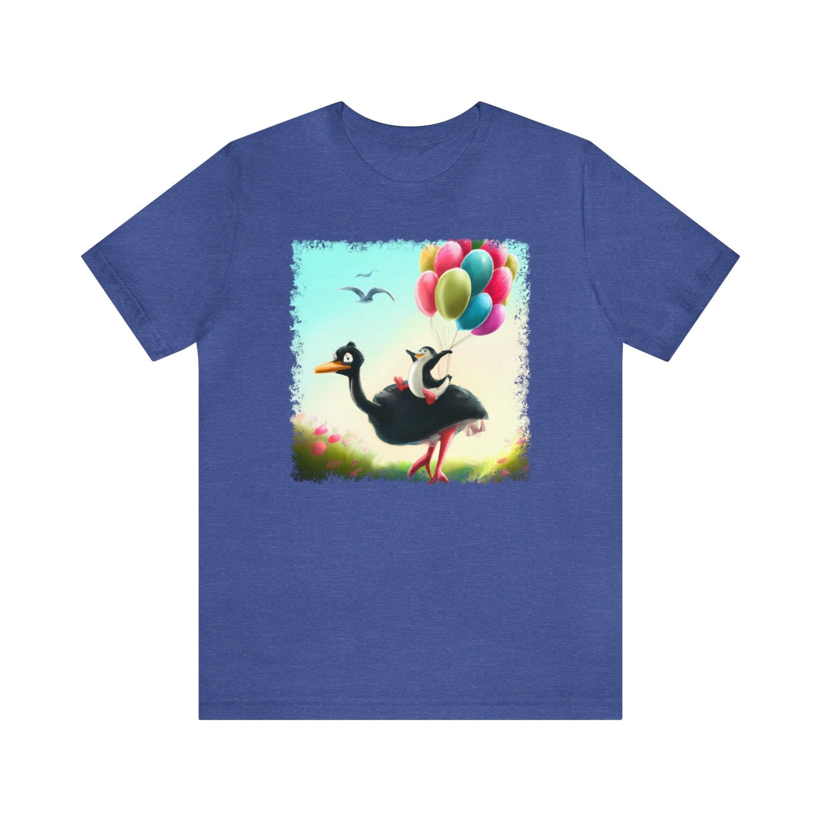 Ostrich Elevations Unisex T-Shirt, flying penguin shirt, ostrich apparel, penguin humor, Heather True Royal - Subtle Blue M