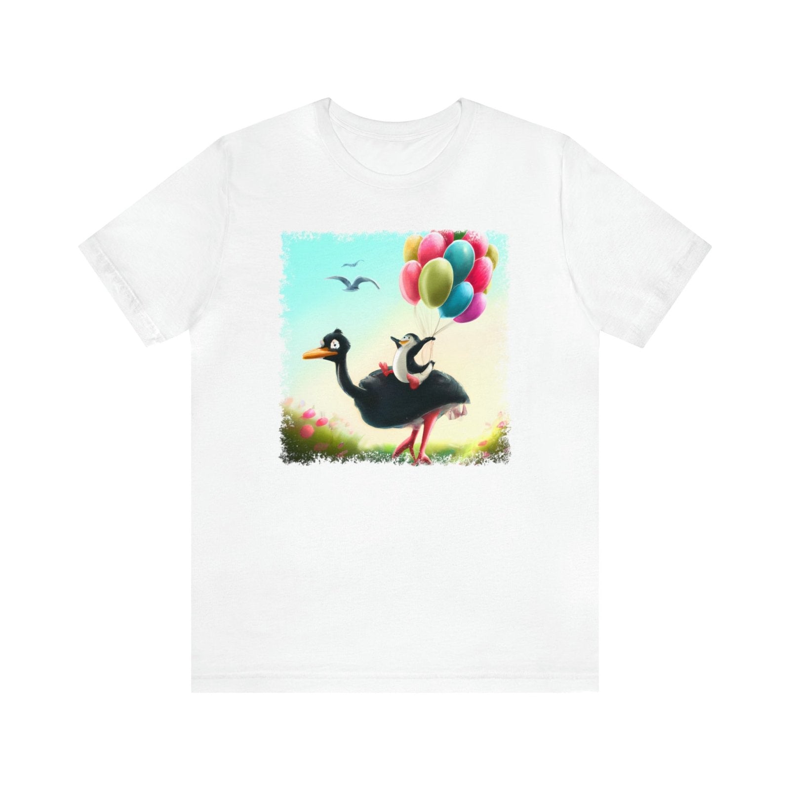 Ostrich Elevations Unisex T-Shirt, flying penguin shirt, flying ostrich apparel, penguin humor, White - Subtle Blue M