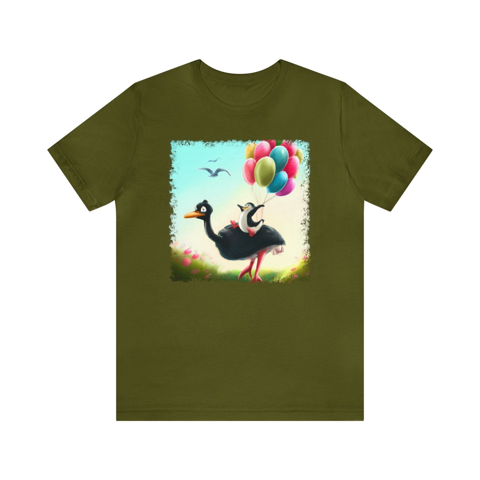 Ostrich Elevations Unisex T-Shirt, flying penguin shirt, flying ostrich apparel, penguin humor, Olive - Subtle Blue M