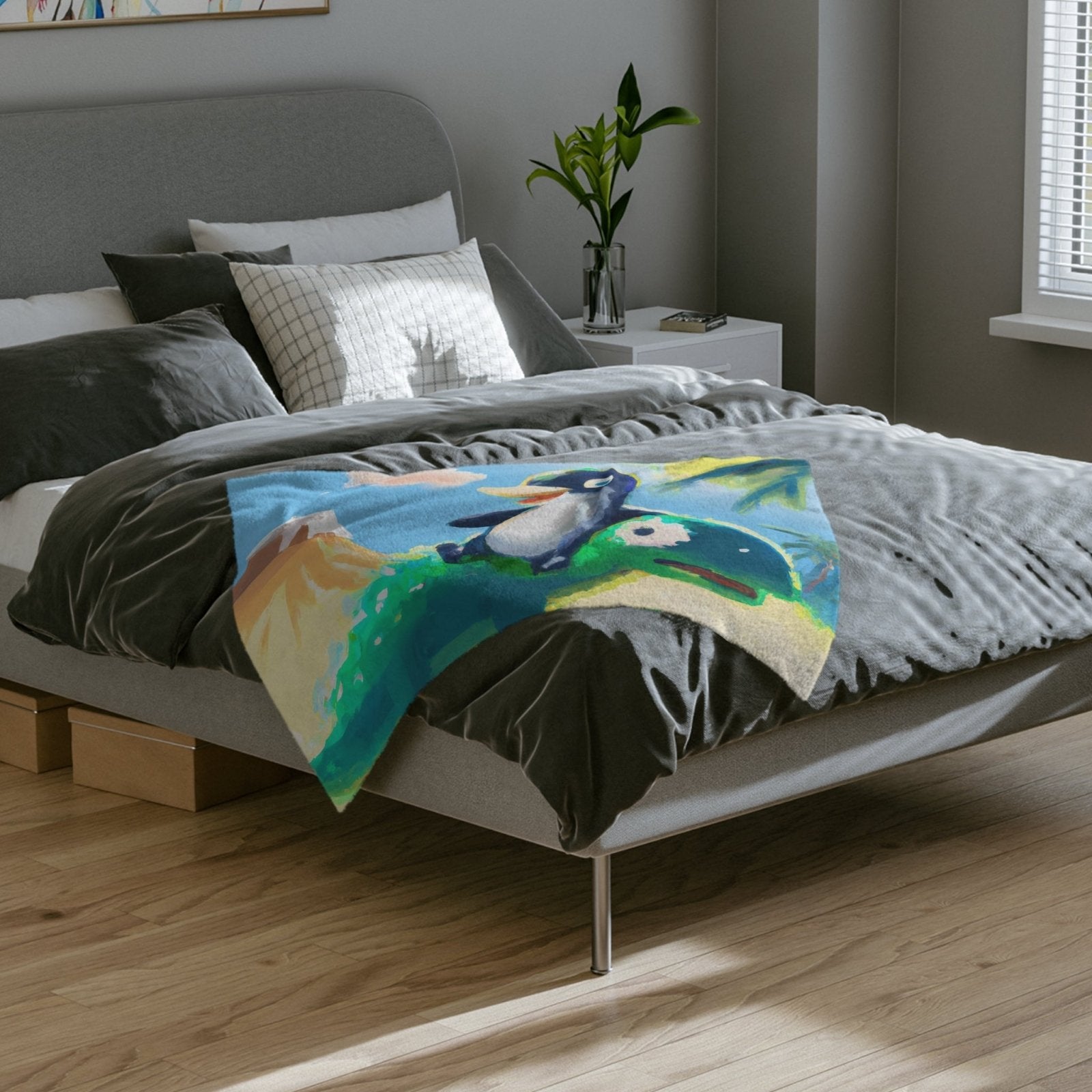 Penguin's Dino Safari Velveteen Minky Blanket, cozy blanket, kids fleece - Subtle Blue M