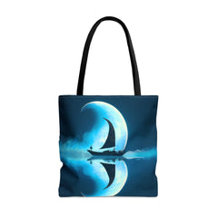 Sailing Through the Moon Tote Bag - Sailboat Reusable Eco Tote Bag - SubtleBlueM