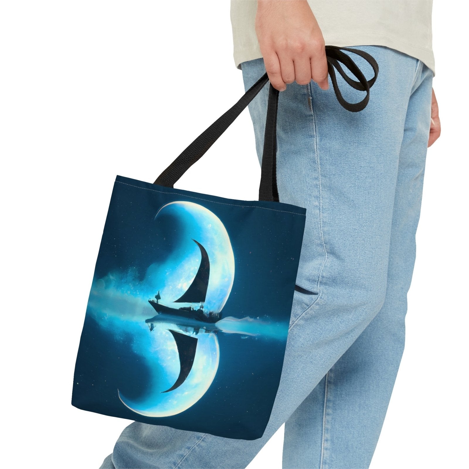 Sailing Through the Moon Tote Bag - Sailboat Reusable Eco Tote Bag - SubtleBlueM