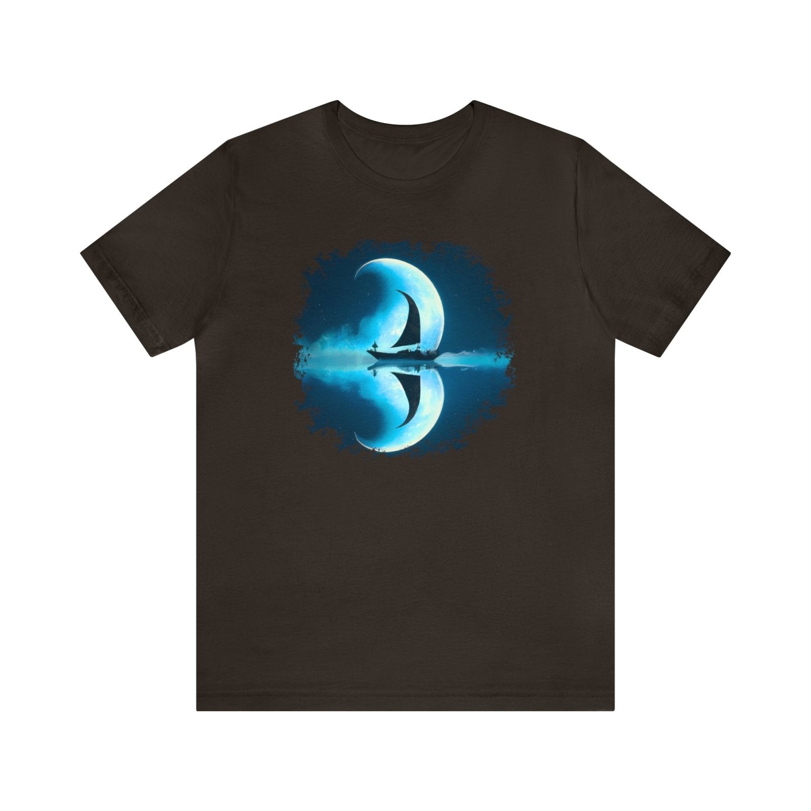 Sailing Through the Moon Unisex T-Shirt, sailboat art shirt, nautical apparel, Brown - Subtle Blue M