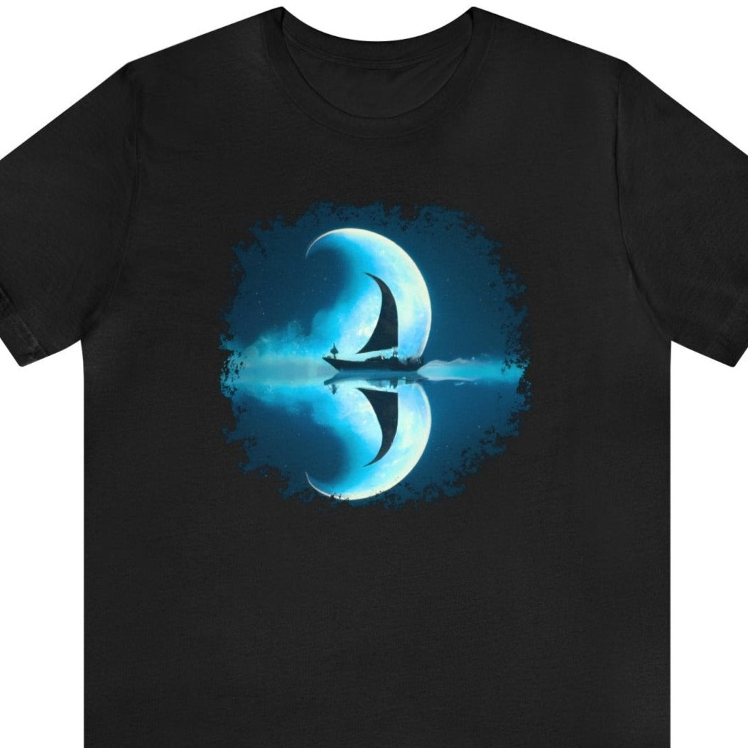 Sailing Through the Moon Unisex T-Shirt, sailboat art shirt, nautical apparel, Black - Subtle Blue M