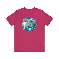 Skyward Cruise Unisex Short Sleeve Tee, nerd shirt, geek fashion, flying ship, Berry - Subtle Blue M