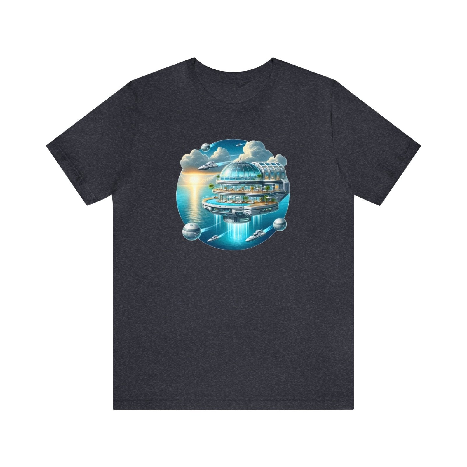 Skyward Cruise Unisex Short Sleeve Tee, nerd shirt, geek fashion, flying ship, Heather Navy - Subtle Blue M