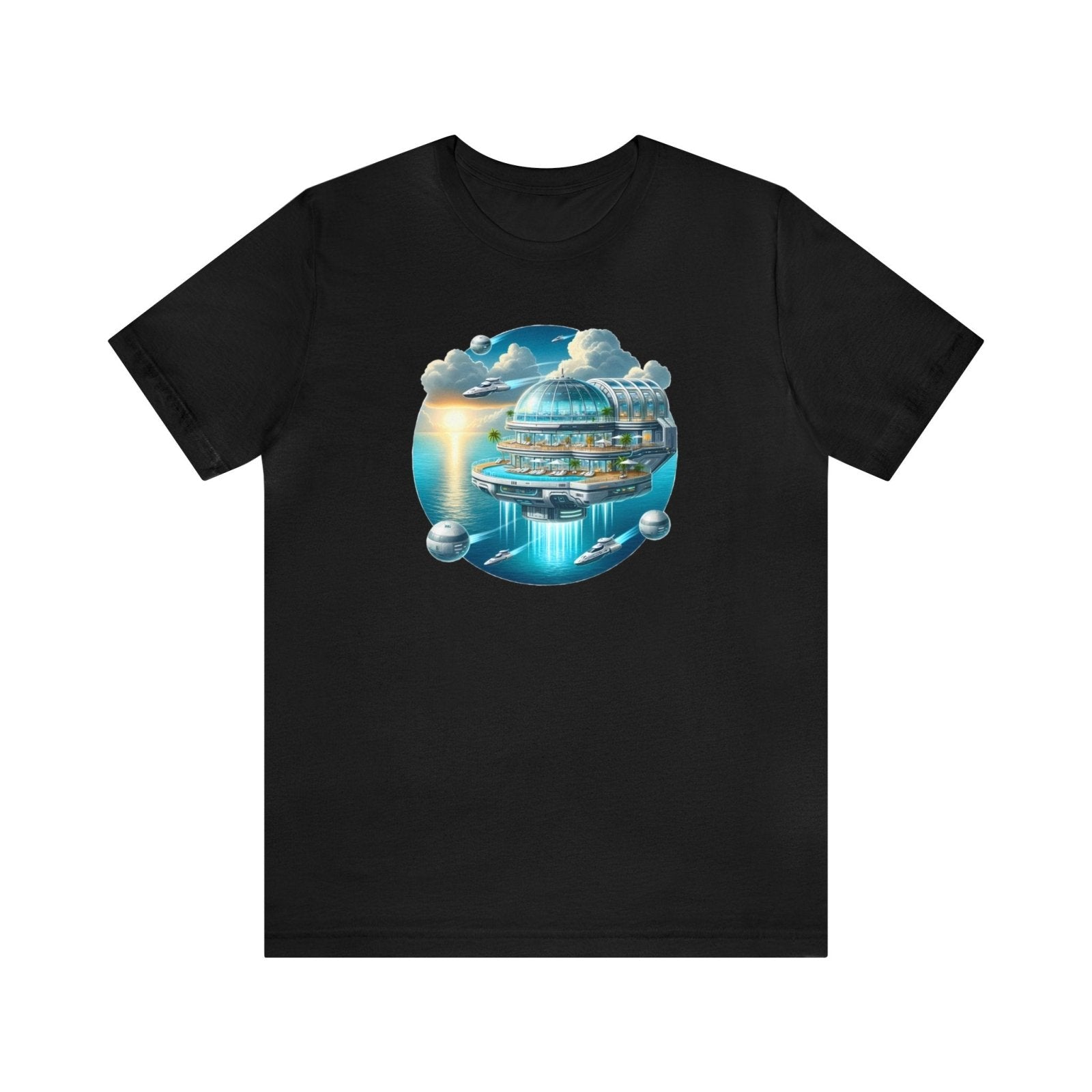 Skyward Cruise Unisex Short Sleeve Tee, nerd shirt, geek fashion, flying ship, Black - Subtle Blue M