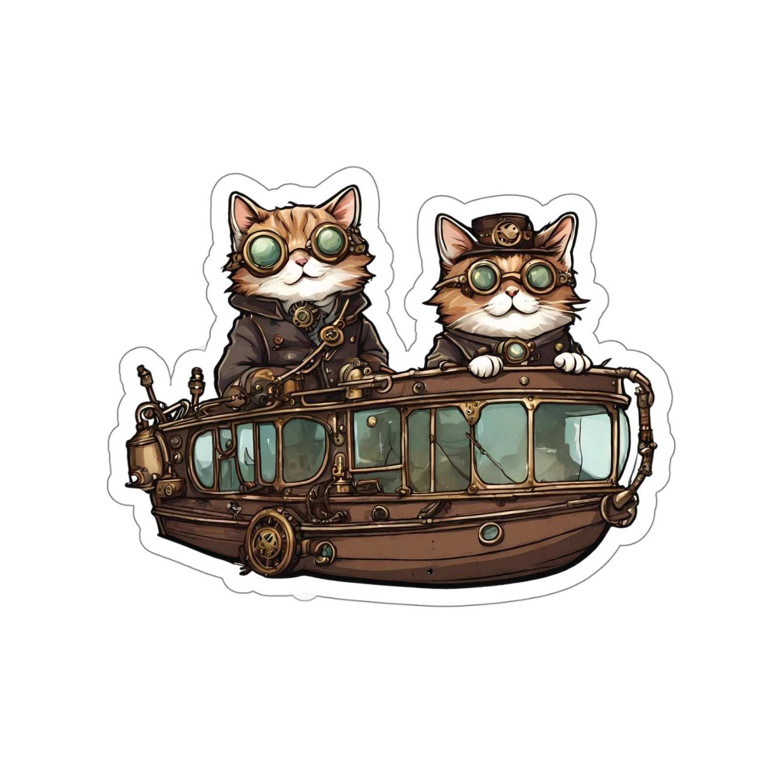 Steampunk Feline Voyage Kiss-Cut Stickers, cat stickers, steampunk cats - Subtle Blue M