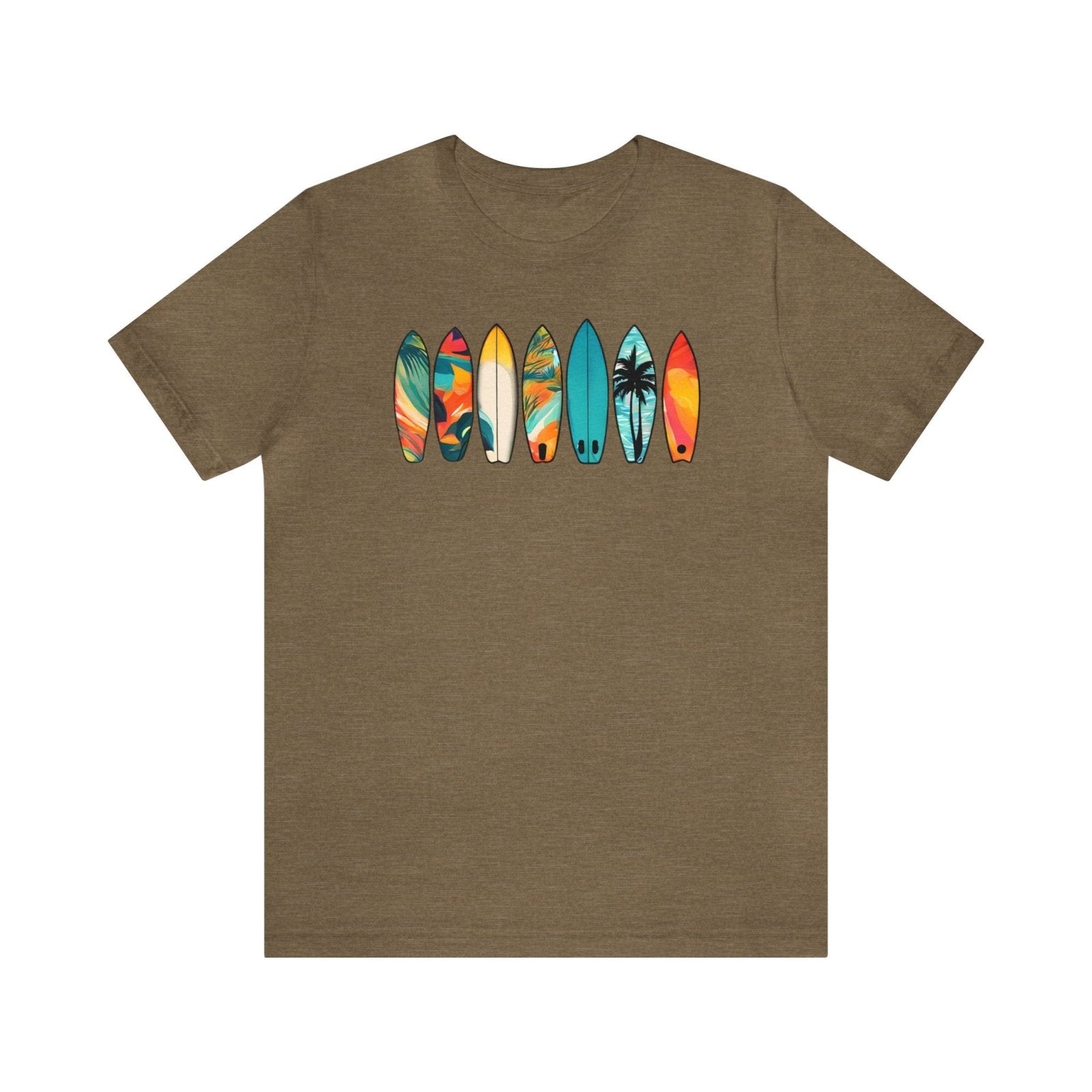 Sufboard Lineup Unisex Short Sleeve Tee, surfing apparel, beach shirt, Heather Olive - Subtle Blue M