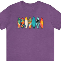 Sufboard Lineup Unisex Short Sleeve Tee, surfing apparel, beach shirt, Heather Team Purple - Subtle Blue M