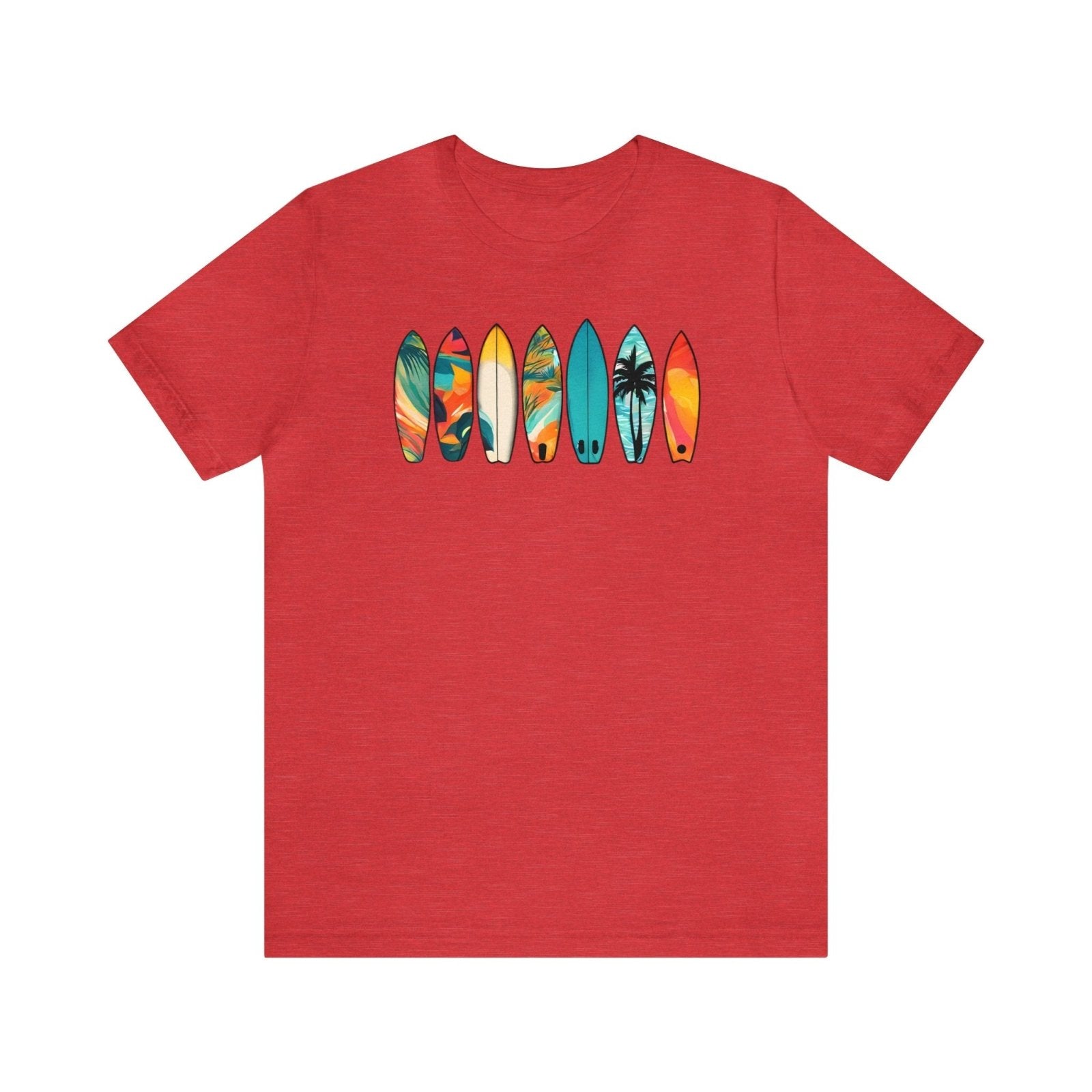 Sufboard Lineup Unisex Short Sleeve Tee, surfing apparel, beach shirt, Heather Red - Subtle Blue M