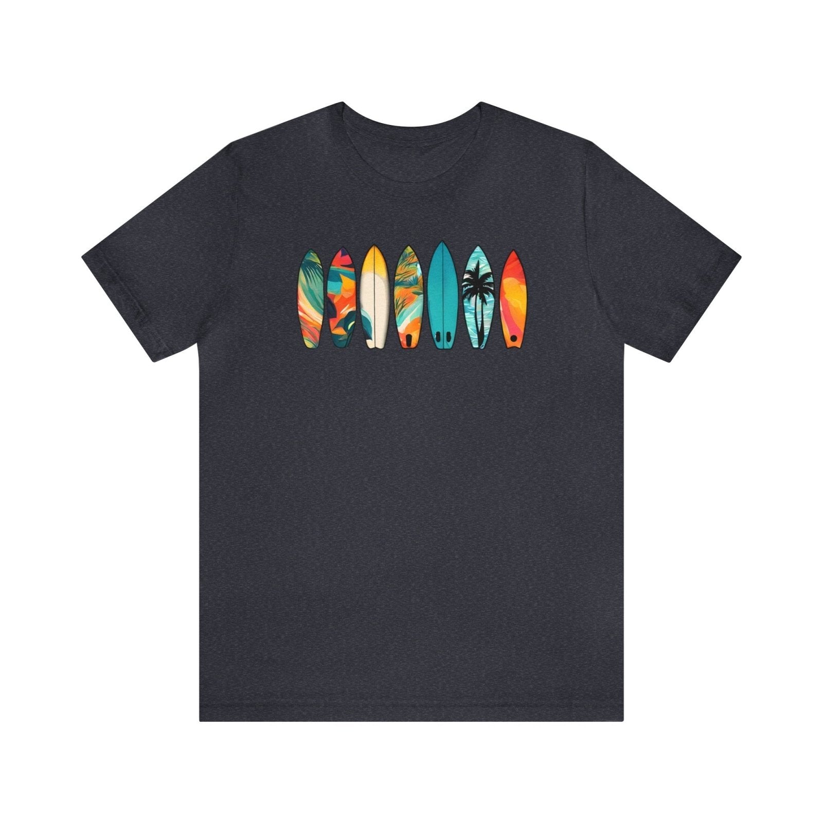 Sufboard Lineup Unisex Short Sleeve Tee, surfing apparel, beach shirt, Heather Navy - Subtle Blue M