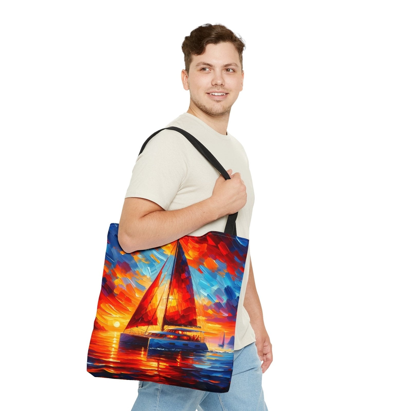 Sunset Catamaran Tote Bag, sailing tote, catamaran bag, liveaboard tote, cruising bag - Subtle Blue M