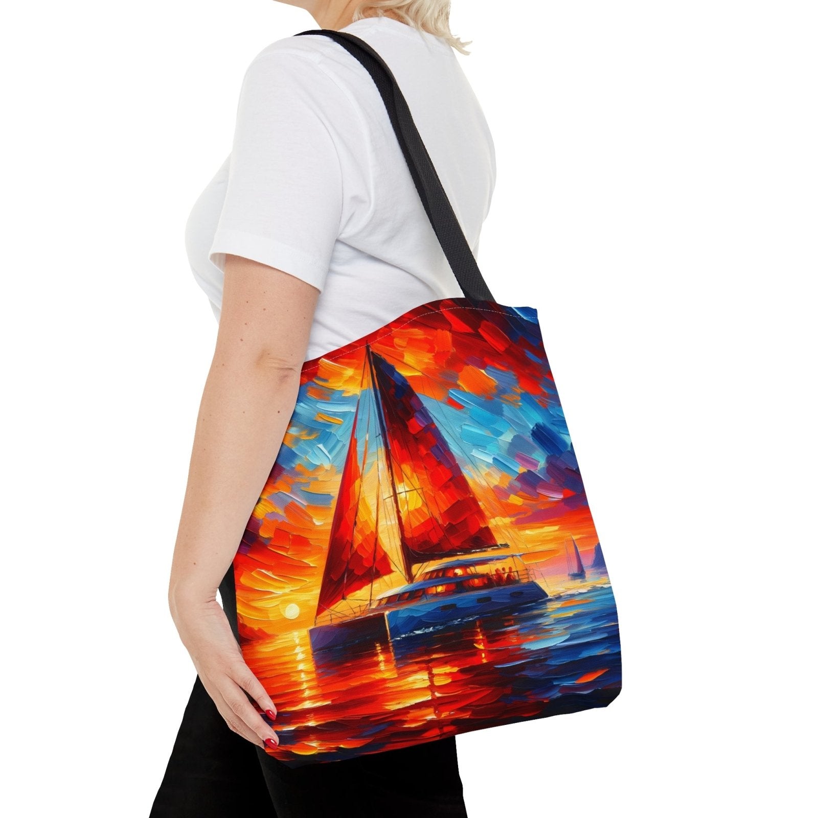 Sunset Catamaran Tote Bag, sailing tote, catamaran bag, liveaboard tote, cruising bag - Subtle Blue M