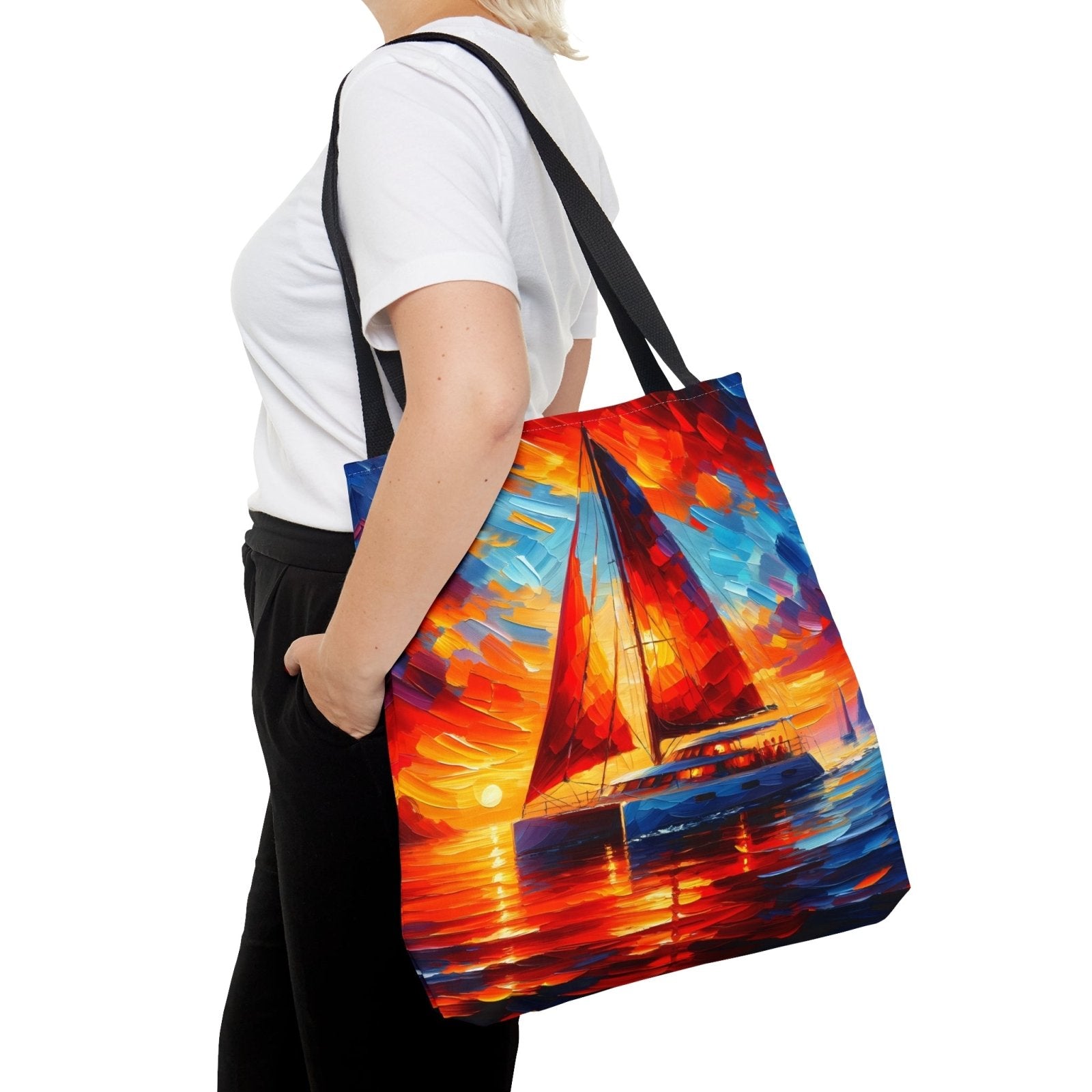 Sunset Catamaran Tote Bag, sailing tote, catamaran bag, liveaboard tote, cruising bag - Subtle Blue M